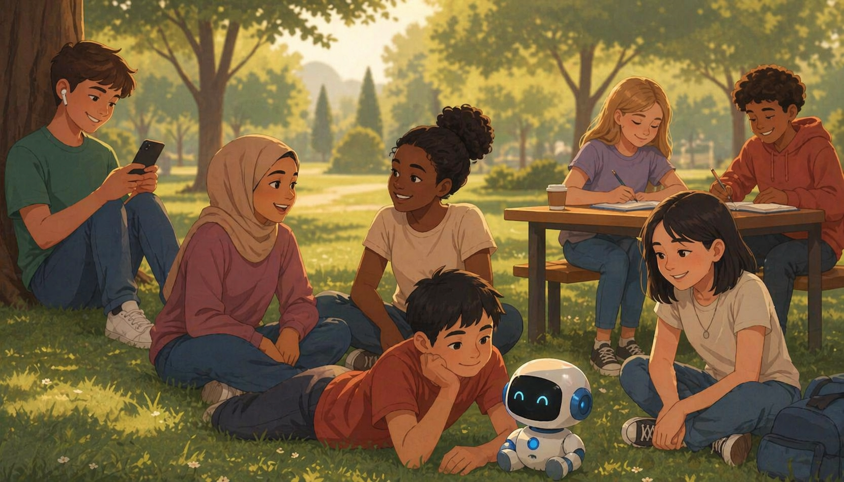 People from all walks of life alongside their warm, glowing AI companions