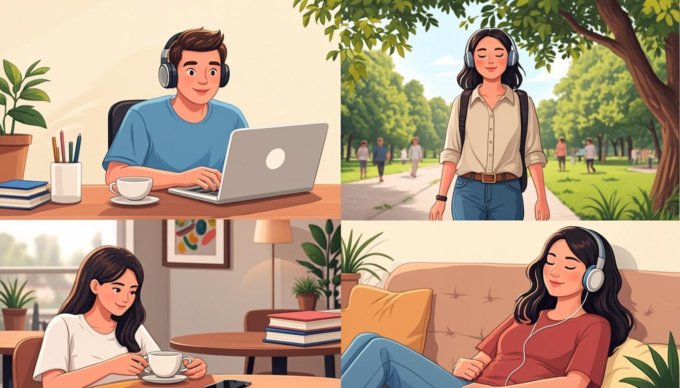 Diverse people finding focus with sound in everyday moments