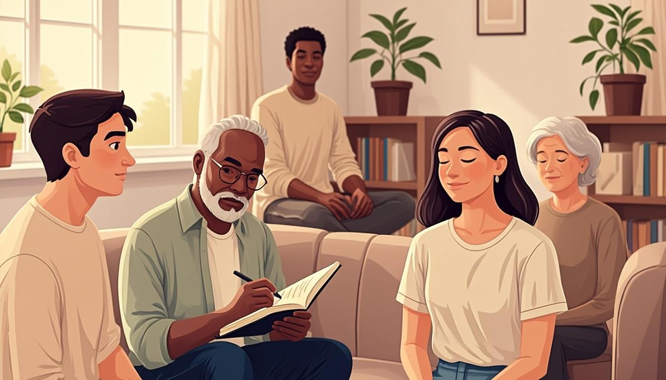 Diverse people in reflective, emotionally aware moments